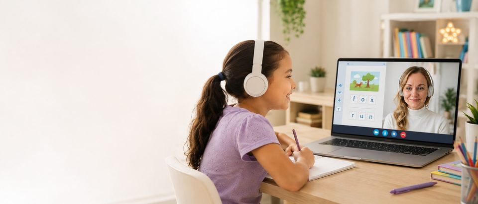A student in a Love Is Learning online reading session, writing in her notebook while her tutor teaches on screen