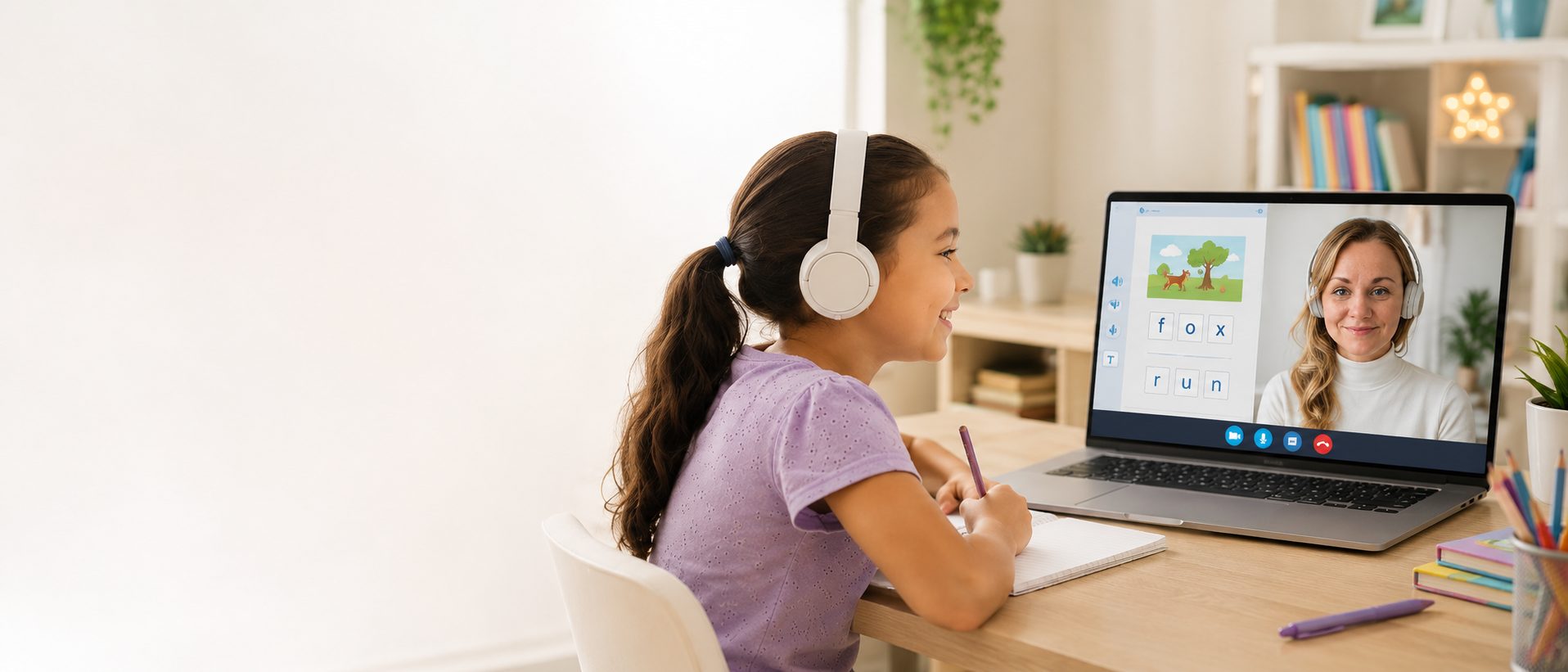 A student in a Love Is Learning online reading session, writing in her notebook while her tutor teaches on screen